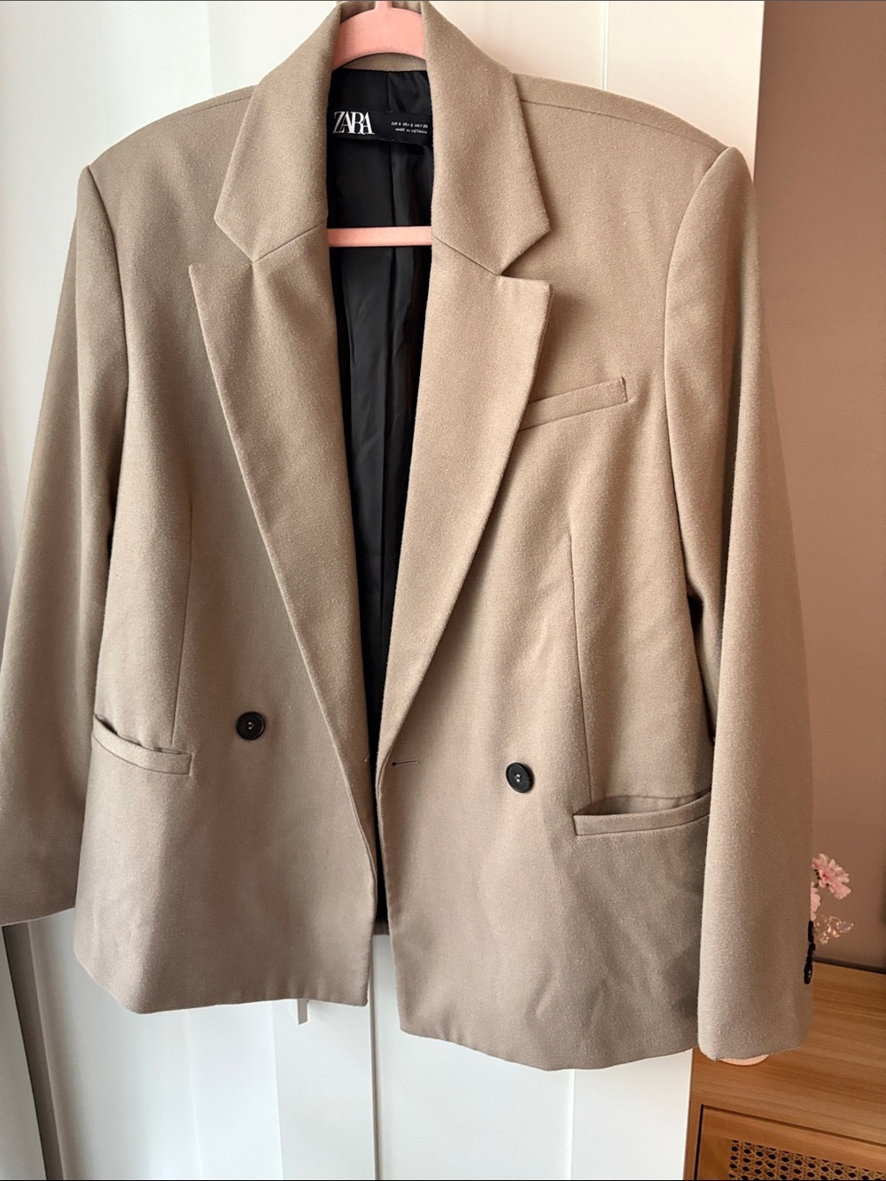 ZARA Taupe Double-Breasted Blazer with Black Buttons